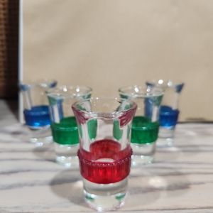 5 Vintage Shot Glasses Tsing Tao Blade Runner Star Trek Voyager Red Blue Green